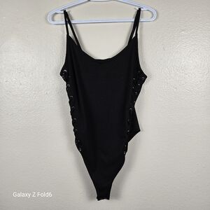 Forever 21+ Black Lace-Up Side Bodysuit Ribbed Stretchy One Piece 1X Curvy Edgy‎